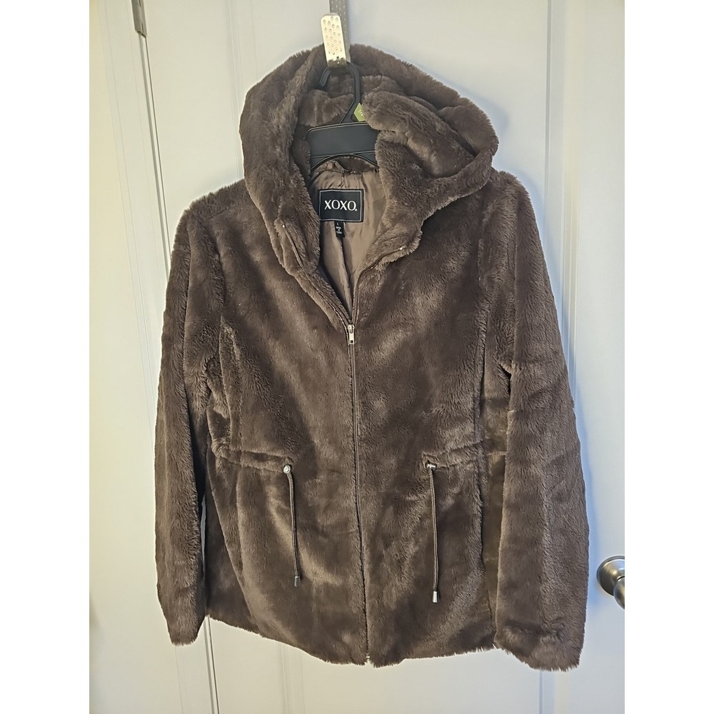XOXO Women's Dark Brown Winter Jacket Size L Ruffled Short
